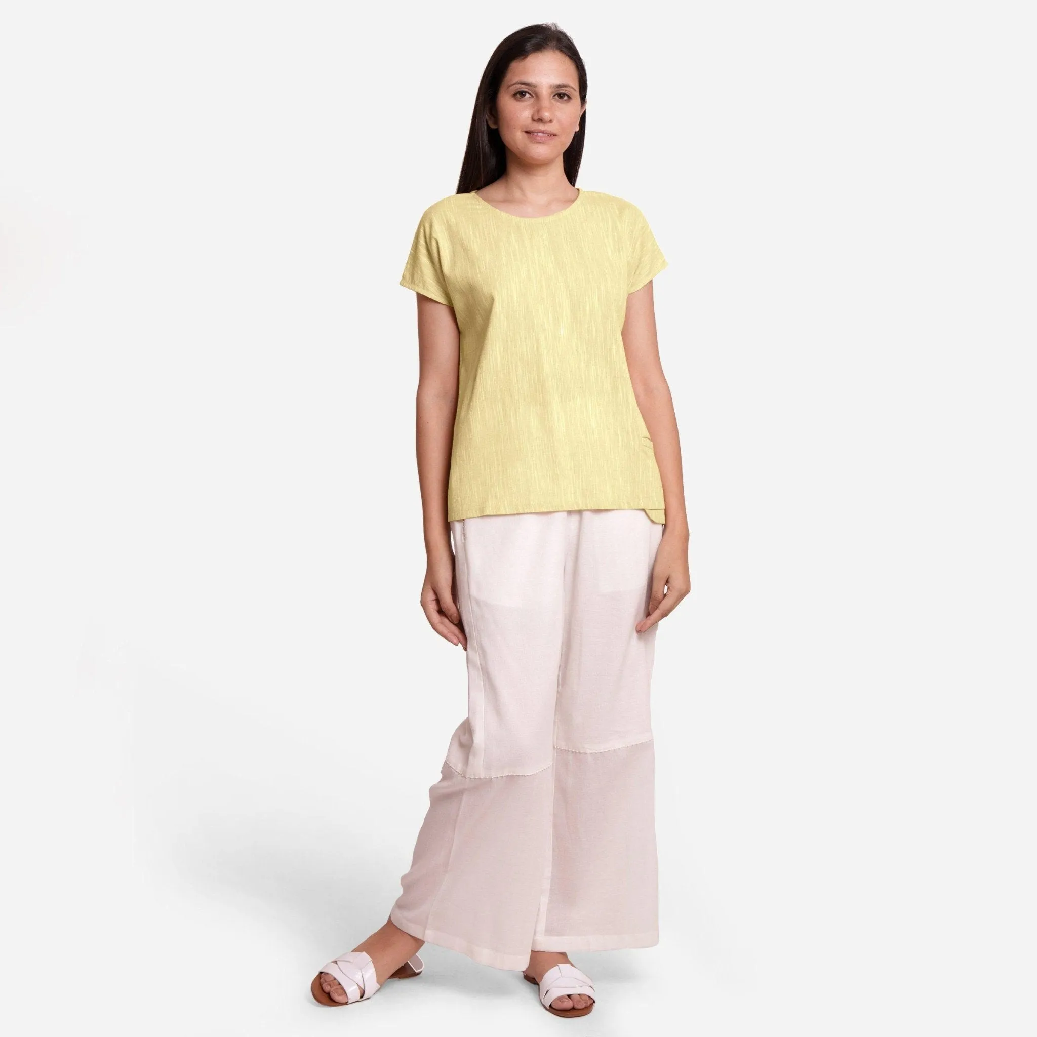 100% Cotton Boat Neck A-Line Lemon Yellow Top