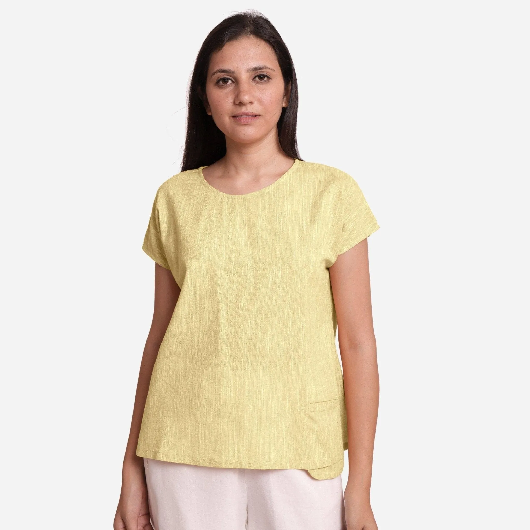 100% Cotton Boat Neck A-Line Lemon Yellow Top