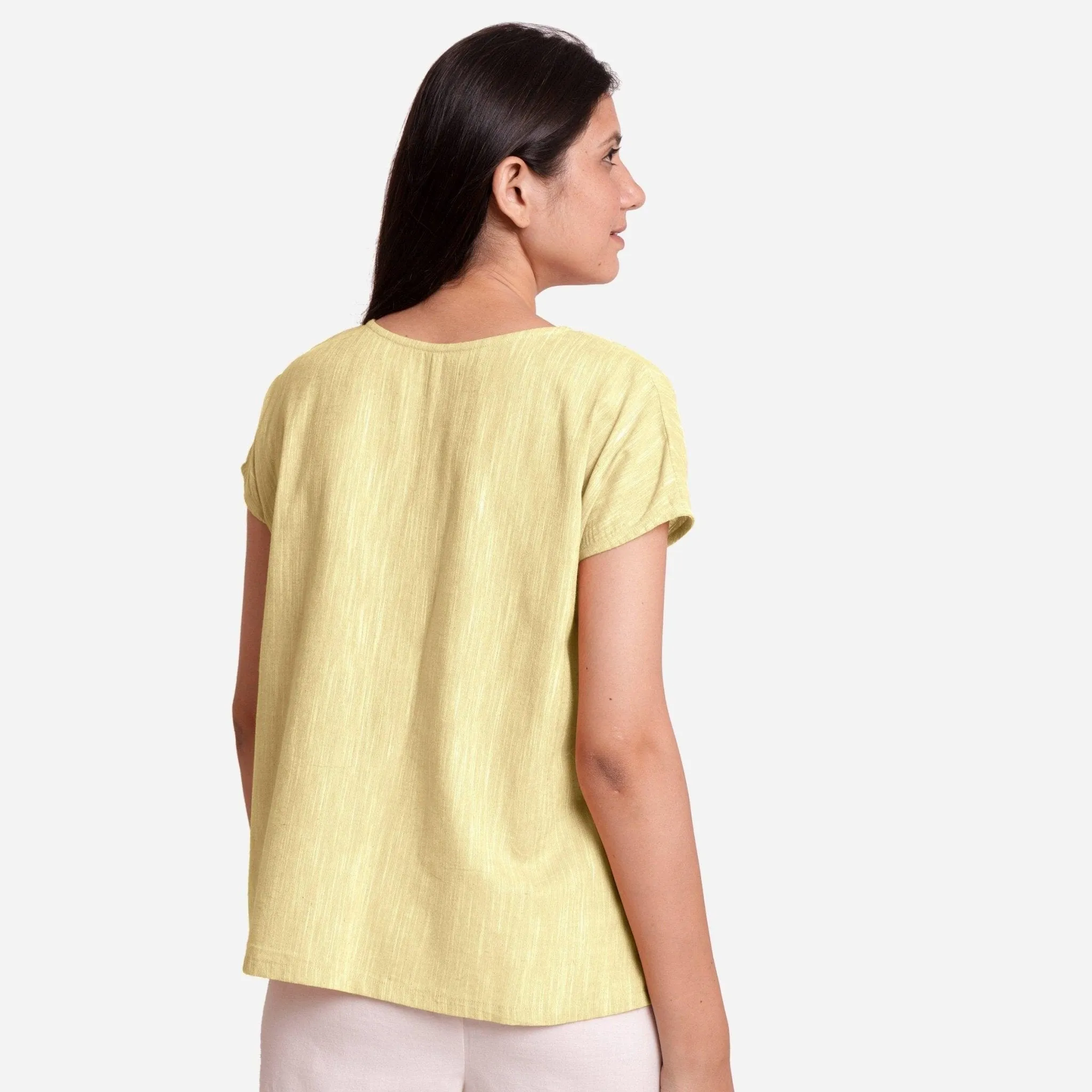 100% Cotton Boat Neck A-Line Lemon Yellow Top