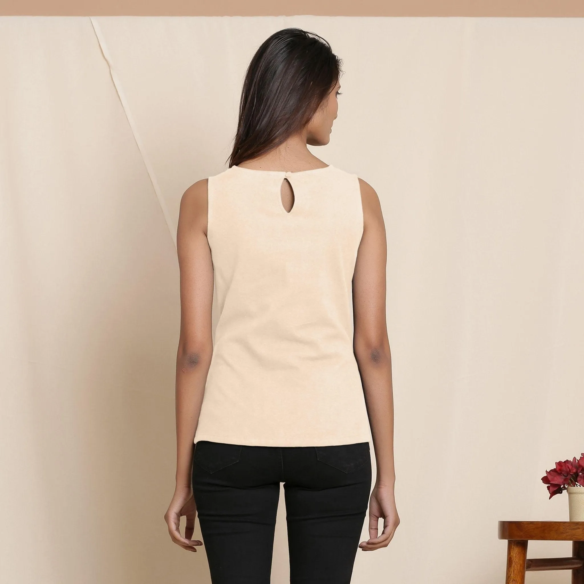 Beige Warm Cotton Flannel Sleeveless Tie-up Top