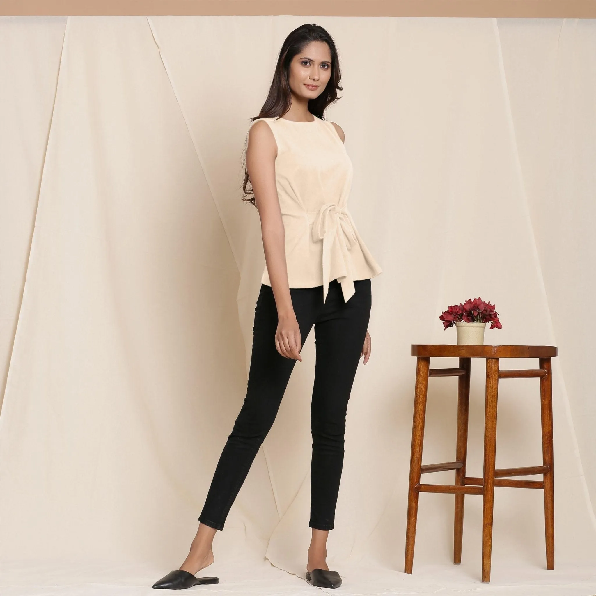 Beige Warm Cotton Flannel Sleeveless Tie-up Top