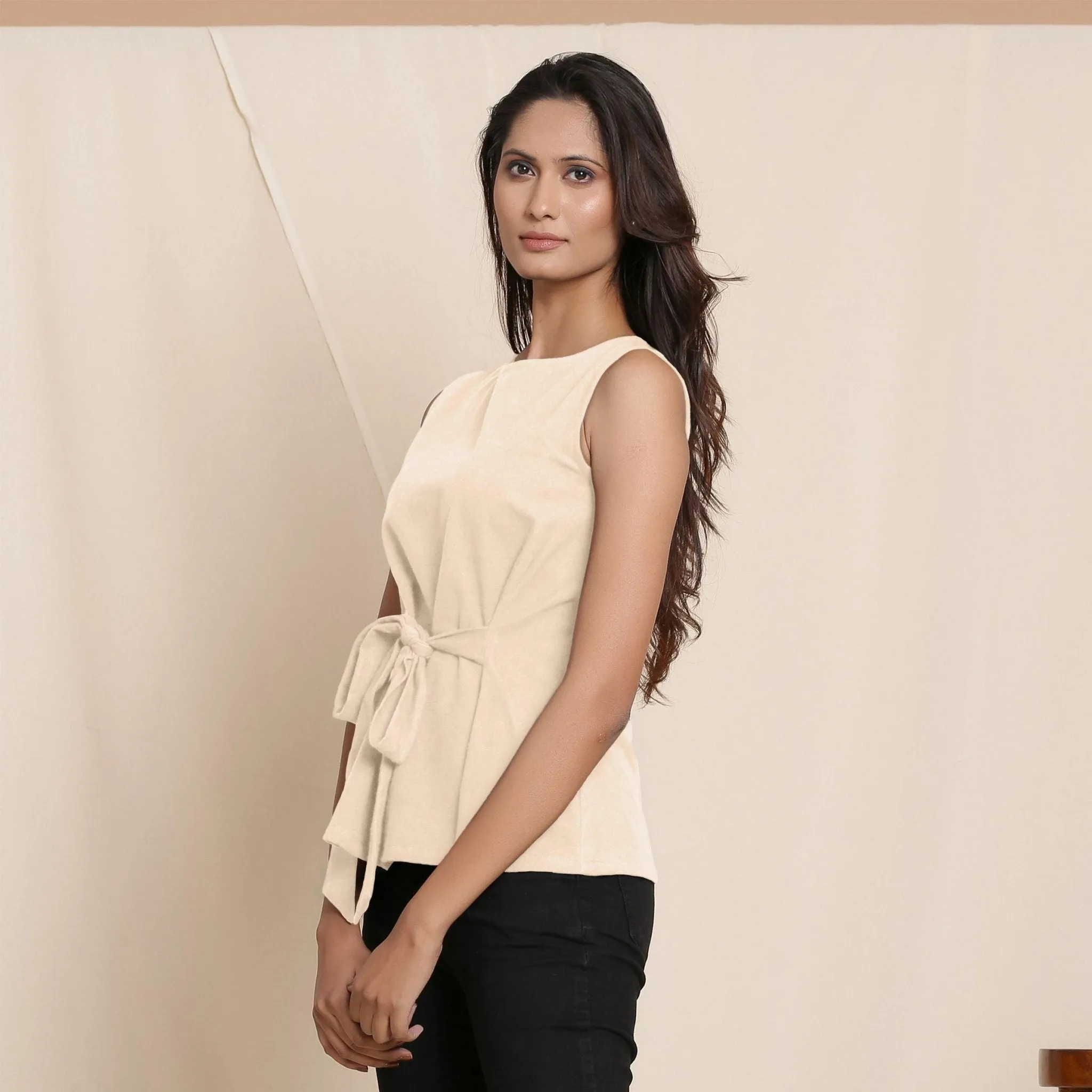 Beige Warm Cotton Flannel Sleeveless Tie-up Top