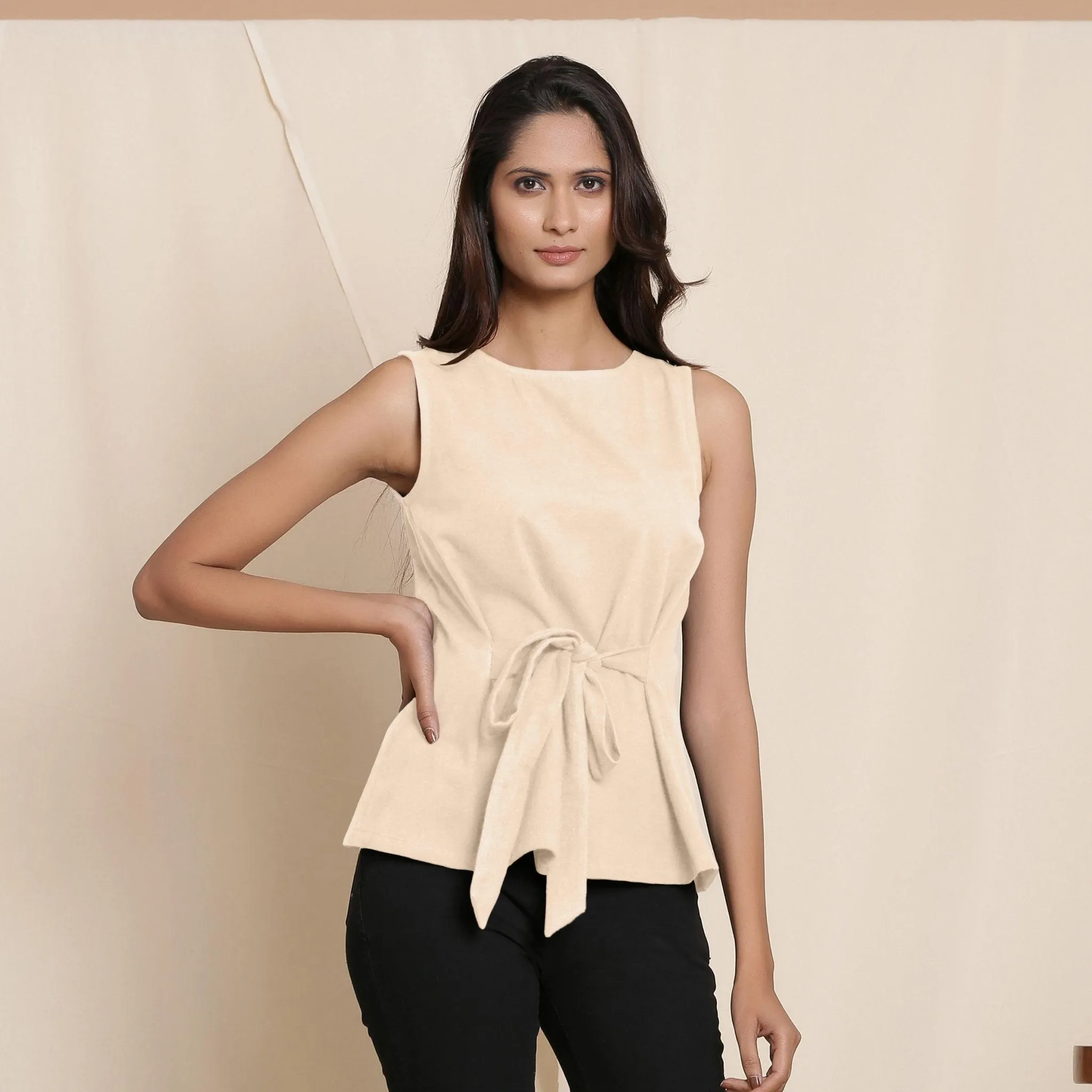 Beige Warm Cotton Flannel Sleeveless Tie-up Top