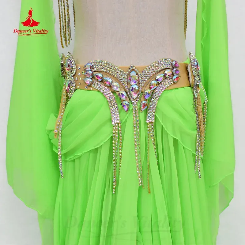 Bellydance Clothing Suit Customized Senior AB Stones Bra Sexy Chiffon Split Long Skirt 2pcs Oriental Dance Performance Costumes
