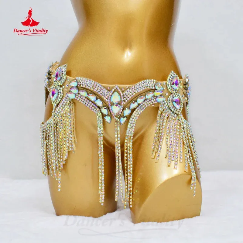 Bellydance Clothing Suit Customized Senior AB Stones Bra Sexy Chiffon Split Long Skirt 2pcs Oriental Dance Performance Costumes