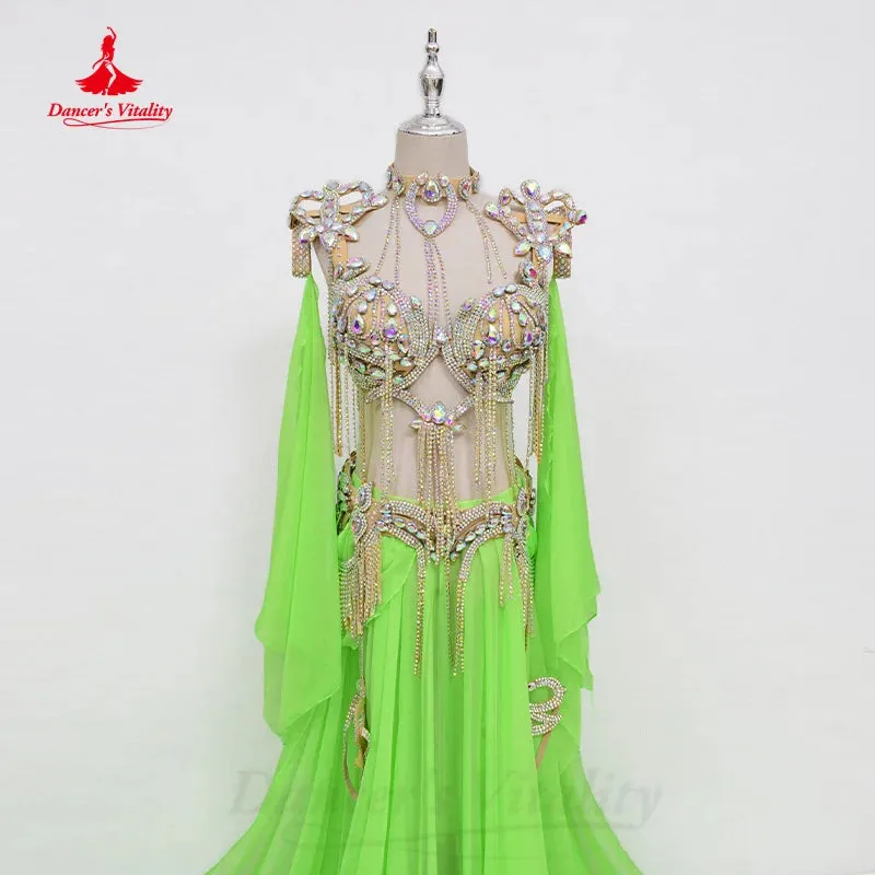Bellydance Clothing Suit Customized Senior AB Stones Bra Sexy Chiffon Split Long Skirt 2pcs Oriental Dance Performance Costumes