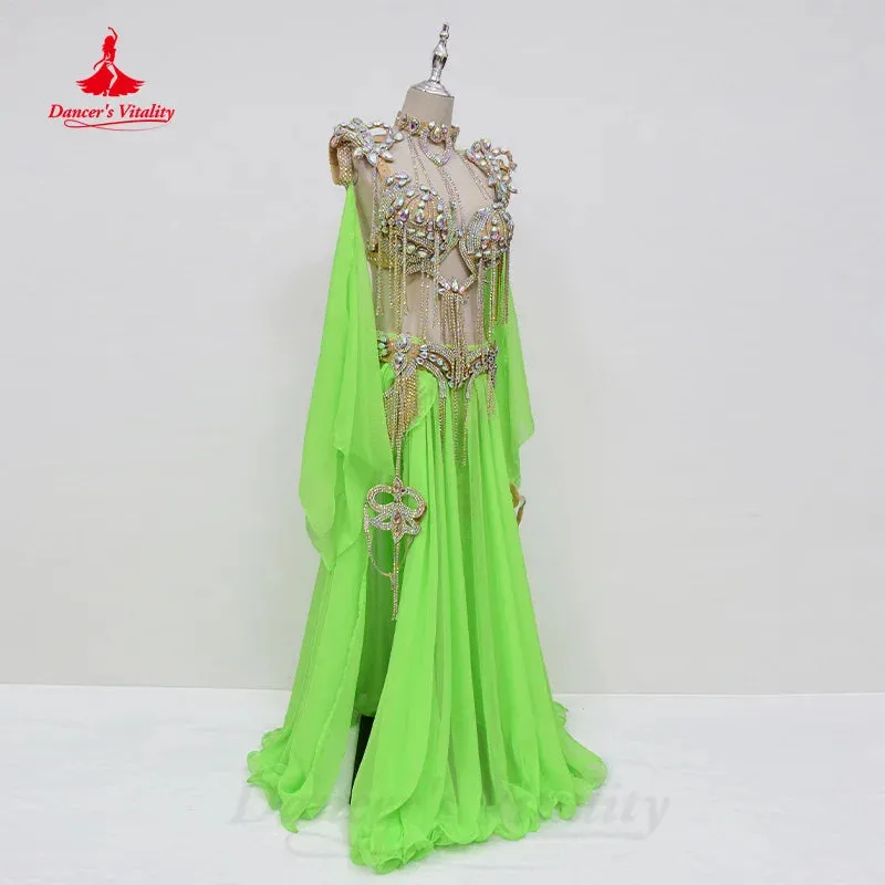 Bellydance Clothing Suit Customized Senior AB Stones Bra Sexy Chiffon Split Long Skirt 2pcs Oriental Dance Performance Costumes