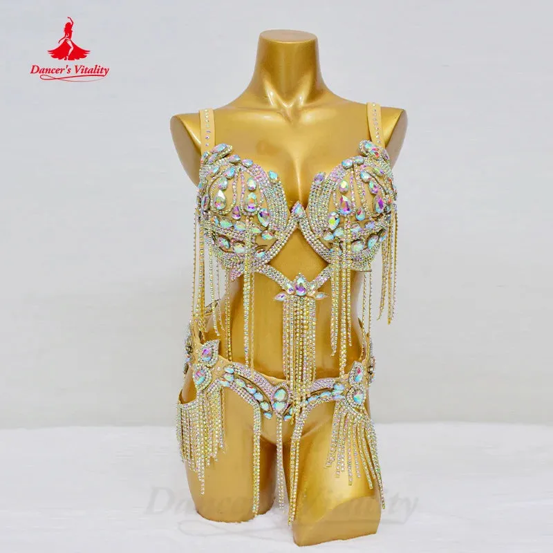 Bellydance Clothing Suit Customized Senior AB Stones Bra Sexy Chiffon Split Long Skirt 2pcs Oriental Dance Performance Costumes