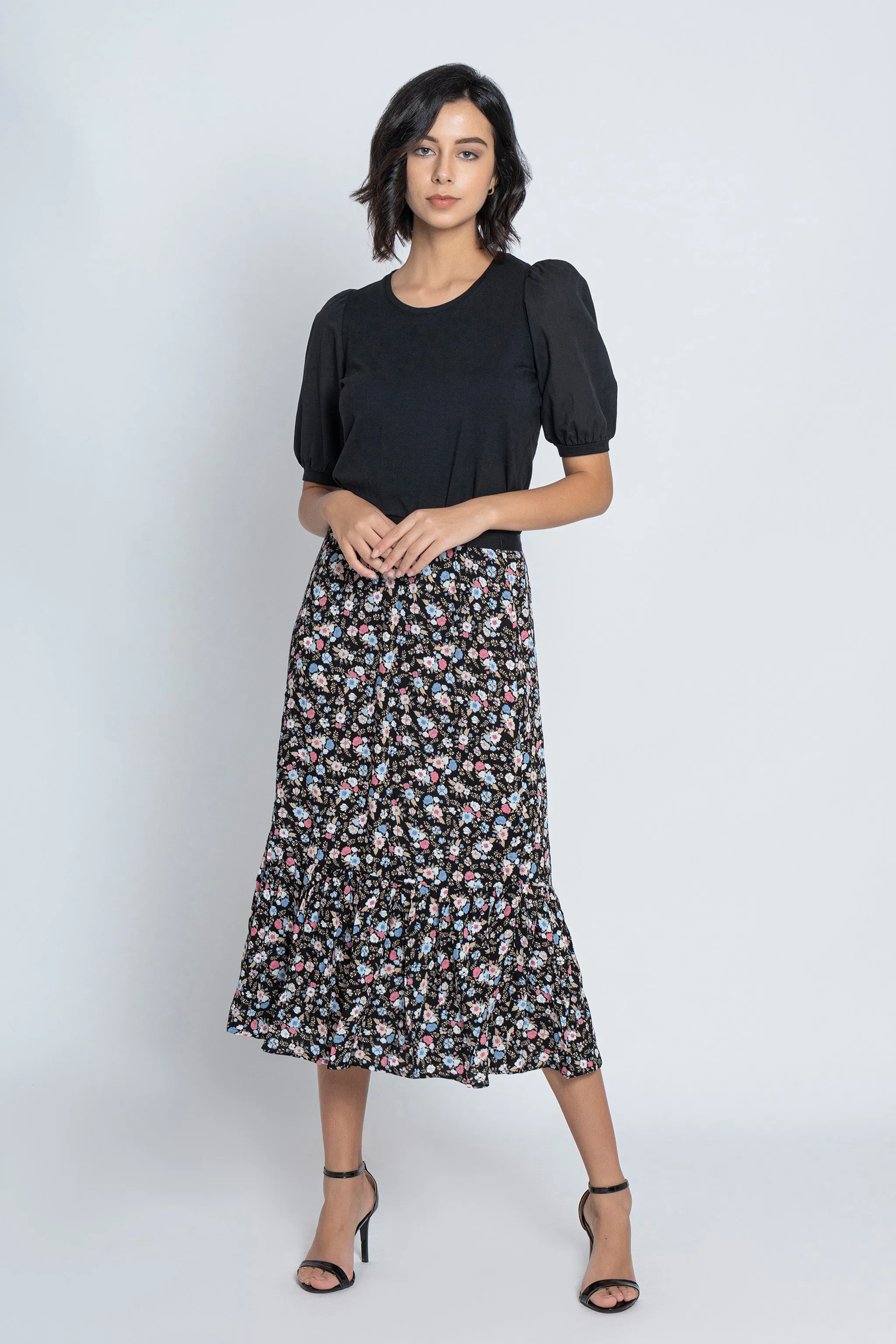 Black Floral Printed Skirt