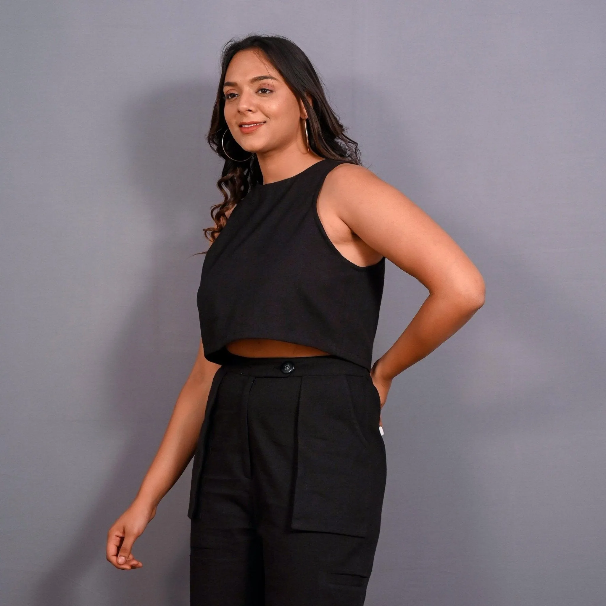 Black Warm Cotton Flannel Cropped Tank Top