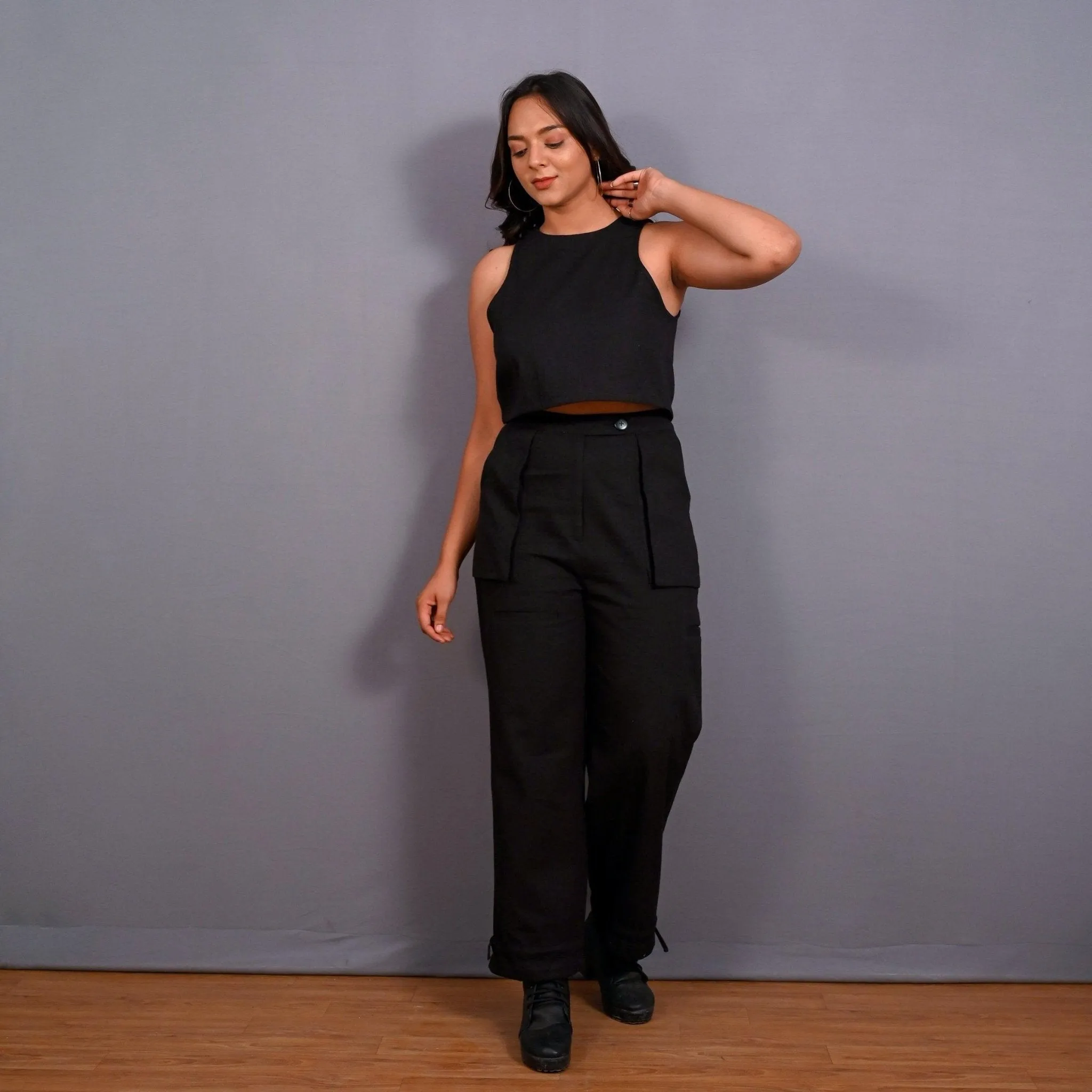 Black Warm Cotton Flannel Cropped Tank Top