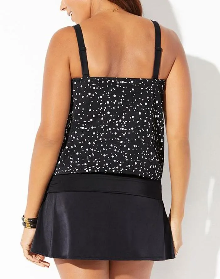 Black White Dot Loop Strap Blouson Tankini Set With Skirt