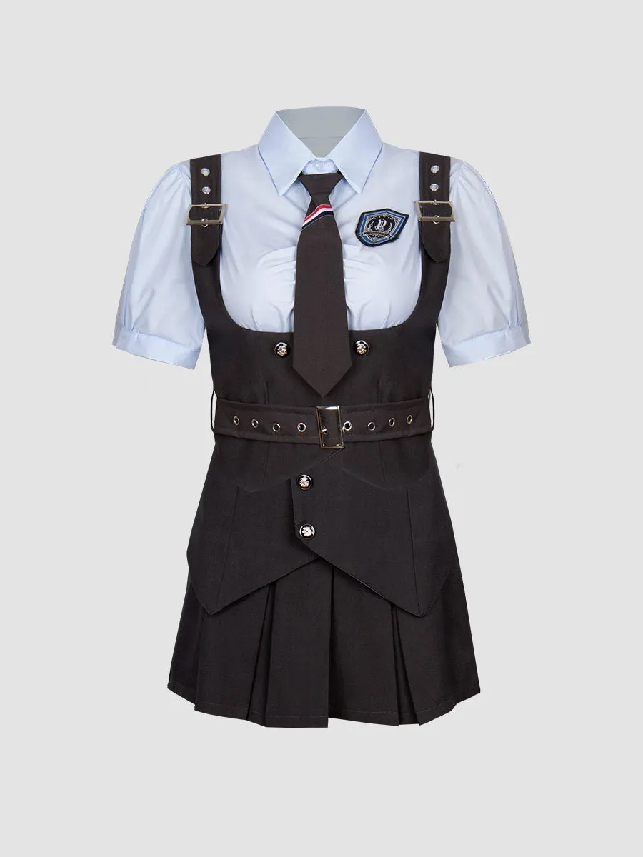 Blue Badge Shirt with Tie   Gray Vest   Skirt 3-Piece Set