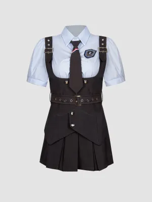Blue Badge Shirt with Tie   Gray Vest   Skirt 3-Piece Set
