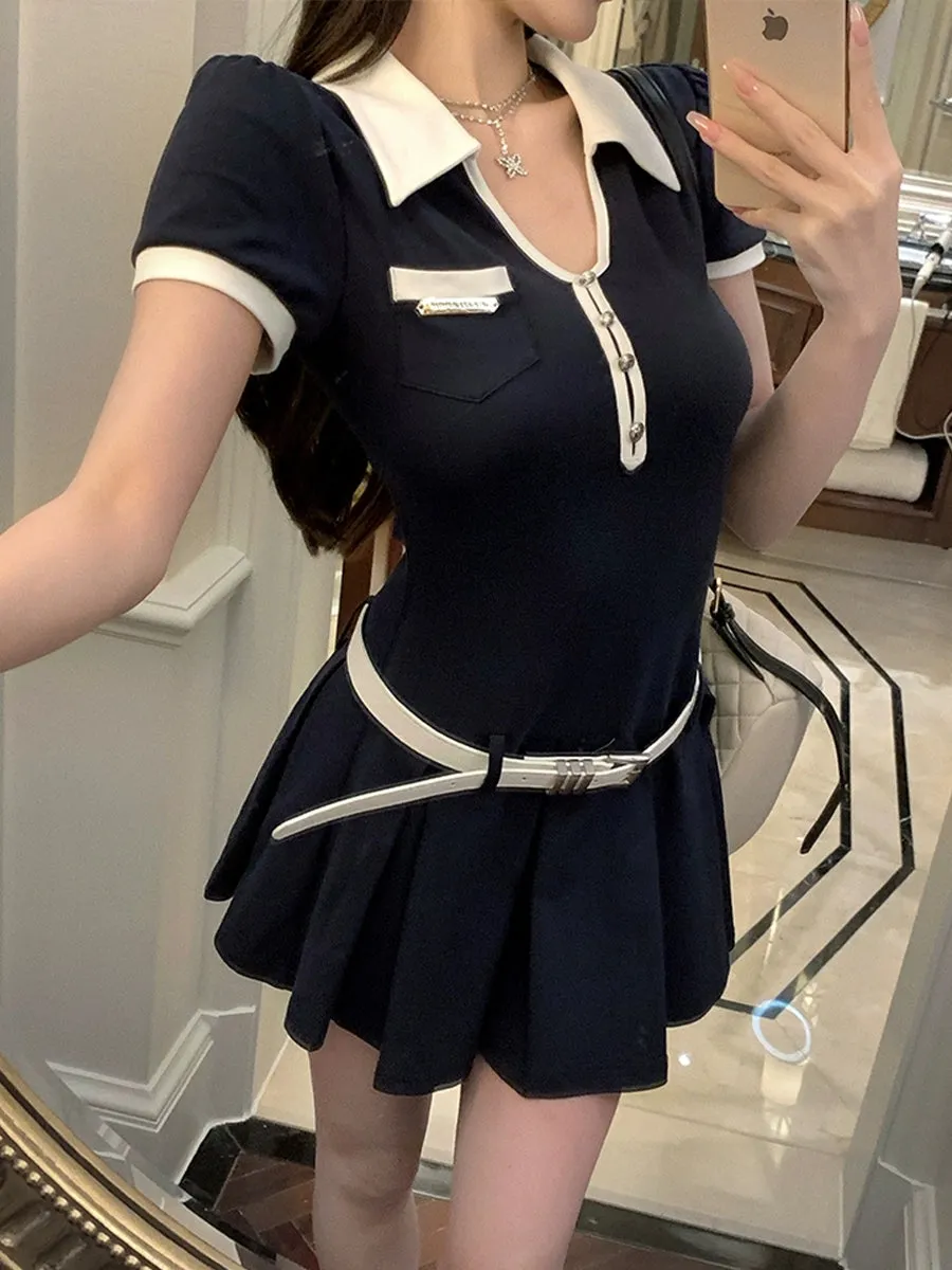 Blue Slim Fit Stretch Polo Shirt Dress with Belt