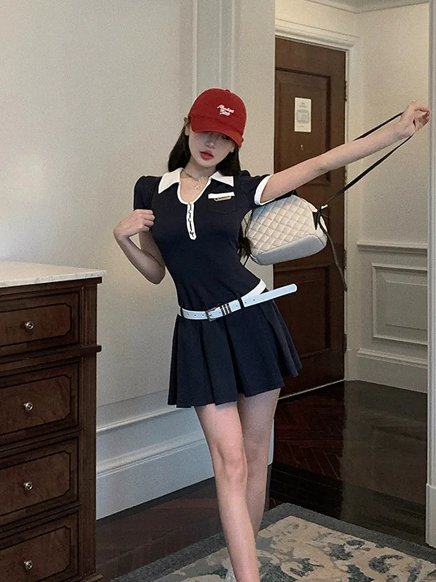 Blue Slim Fit Stretch Polo Shirt Dress with Belt