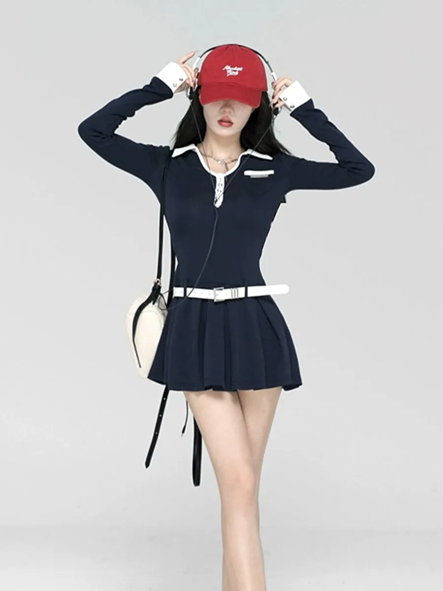 Blue Slim Fit Stretch Polo Shirt Dress with Belt