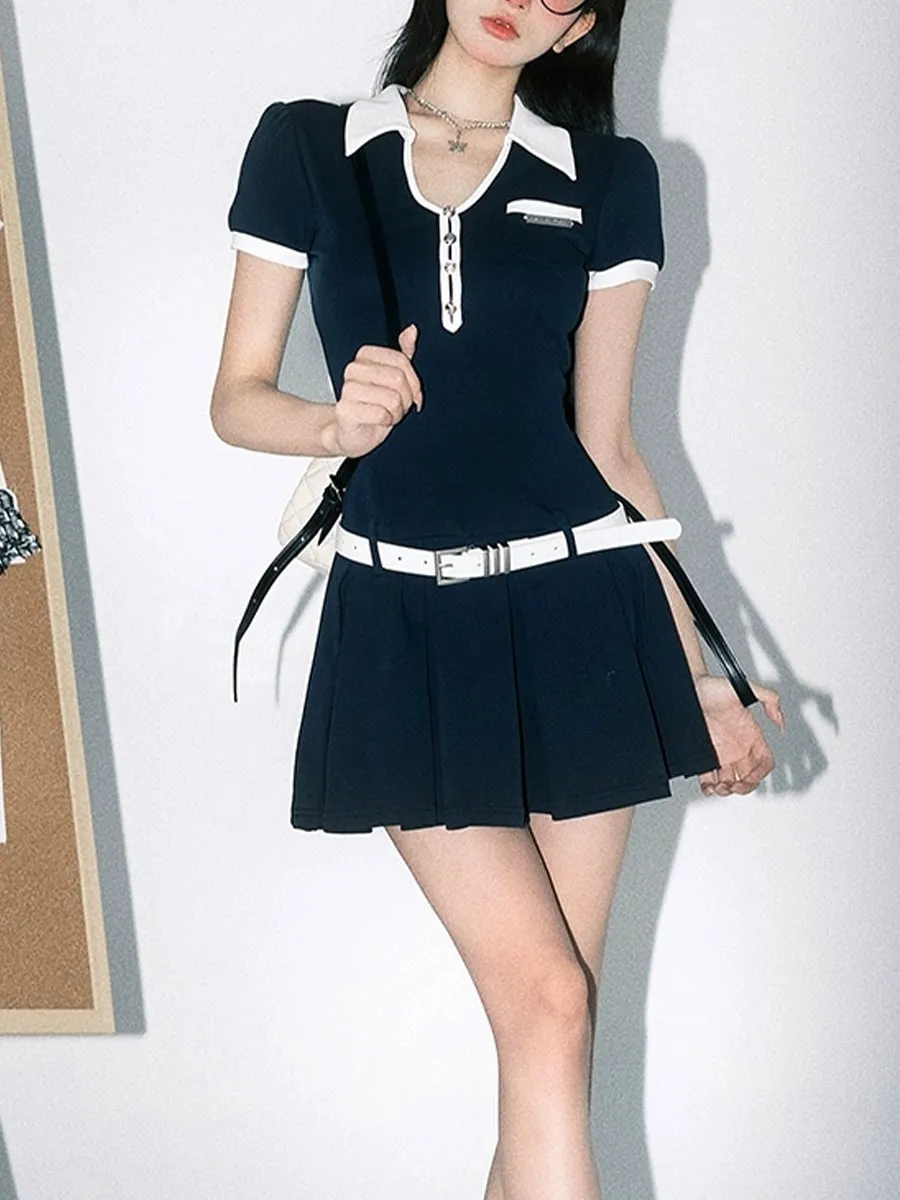 Blue Slim Fit Stretch Polo Shirt Dress with Belt