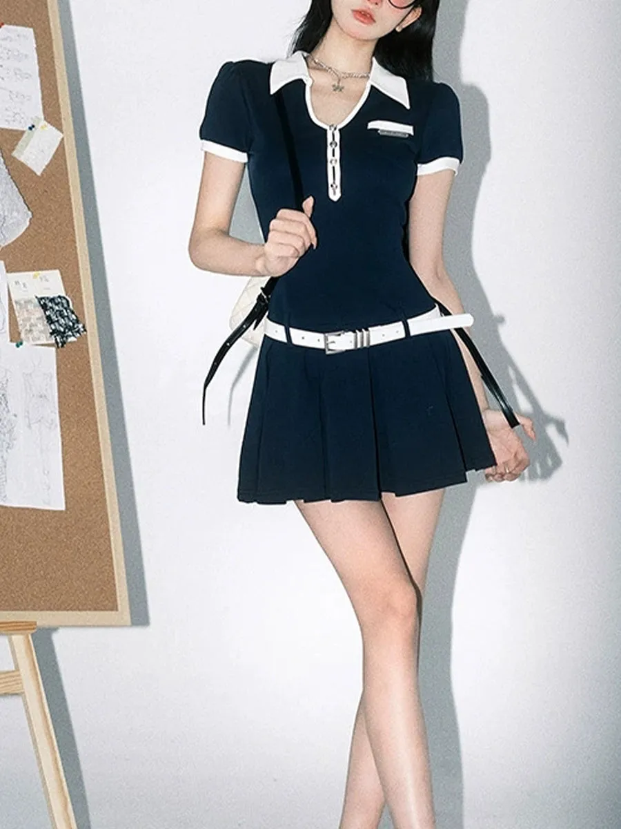 Blue Slim Fit Stretch Polo Shirt Dress with Belt