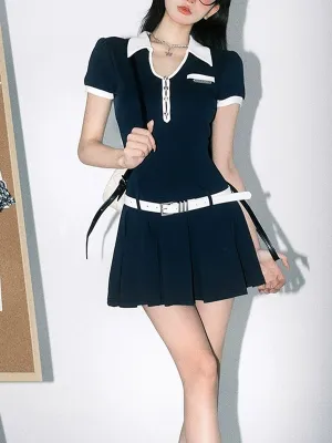 Blue Slim Fit Stretch Polo Shirt Dress with Belt
