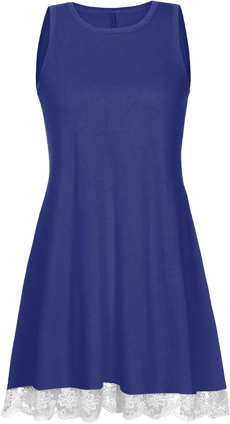 Casual Vacation Tank Dress for Women Crew Neck Solid Sleeveless Sundress Summer Basic Loose Hem Beach Mini Dresse