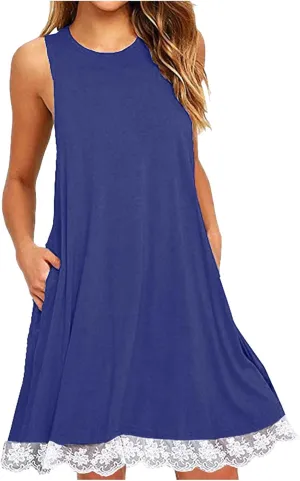 Casual Vacation Tank Dress for Women Crew Neck Solid Sleeveless Sundress Summer Basic Loose Hem Beach Mini Dresse