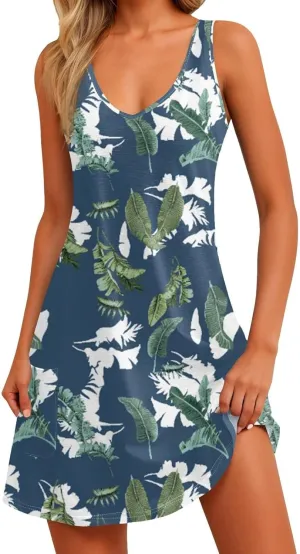 Dresses for Women 2025 Beach Casual Sleeveless Floral Print Boho Tank Dress V Neck Loose with Pockets Vacation Clothes