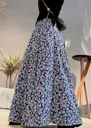 Elegant Navy Print Elastic Waist Patchwork Cotton Maxi Skirts Fall LY9116