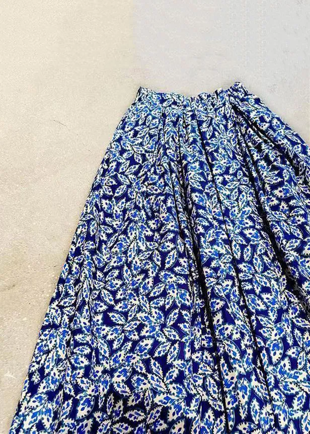 Elegant Navy Print Elastic Waist Patchwork Cotton Maxi Skirts Fall LY9116