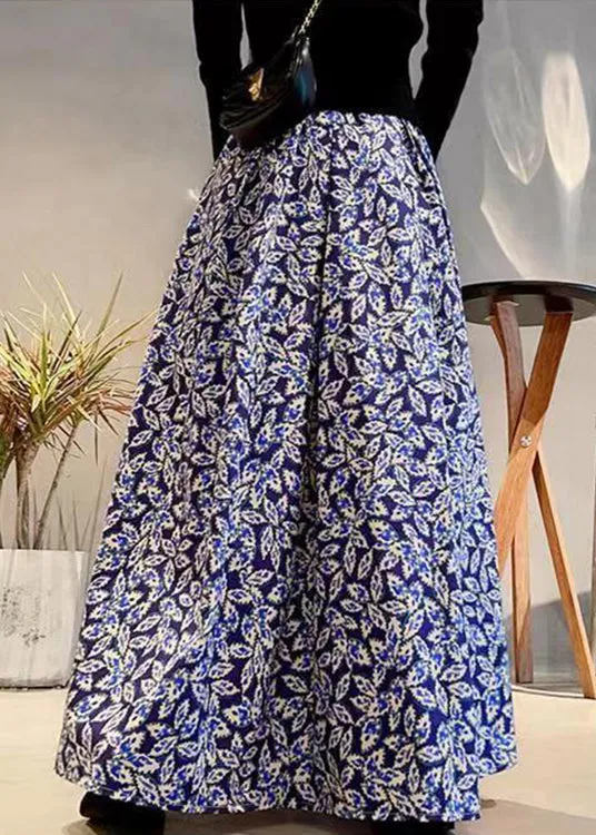 Elegant Navy Print Elastic Waist Patchwork Cotton Maxi Skirts Fall LY9116