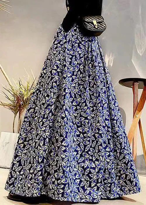 Elegant Navy Print Elastic Waist Patchwork Cotton Maxi Skirts Fall LY9116