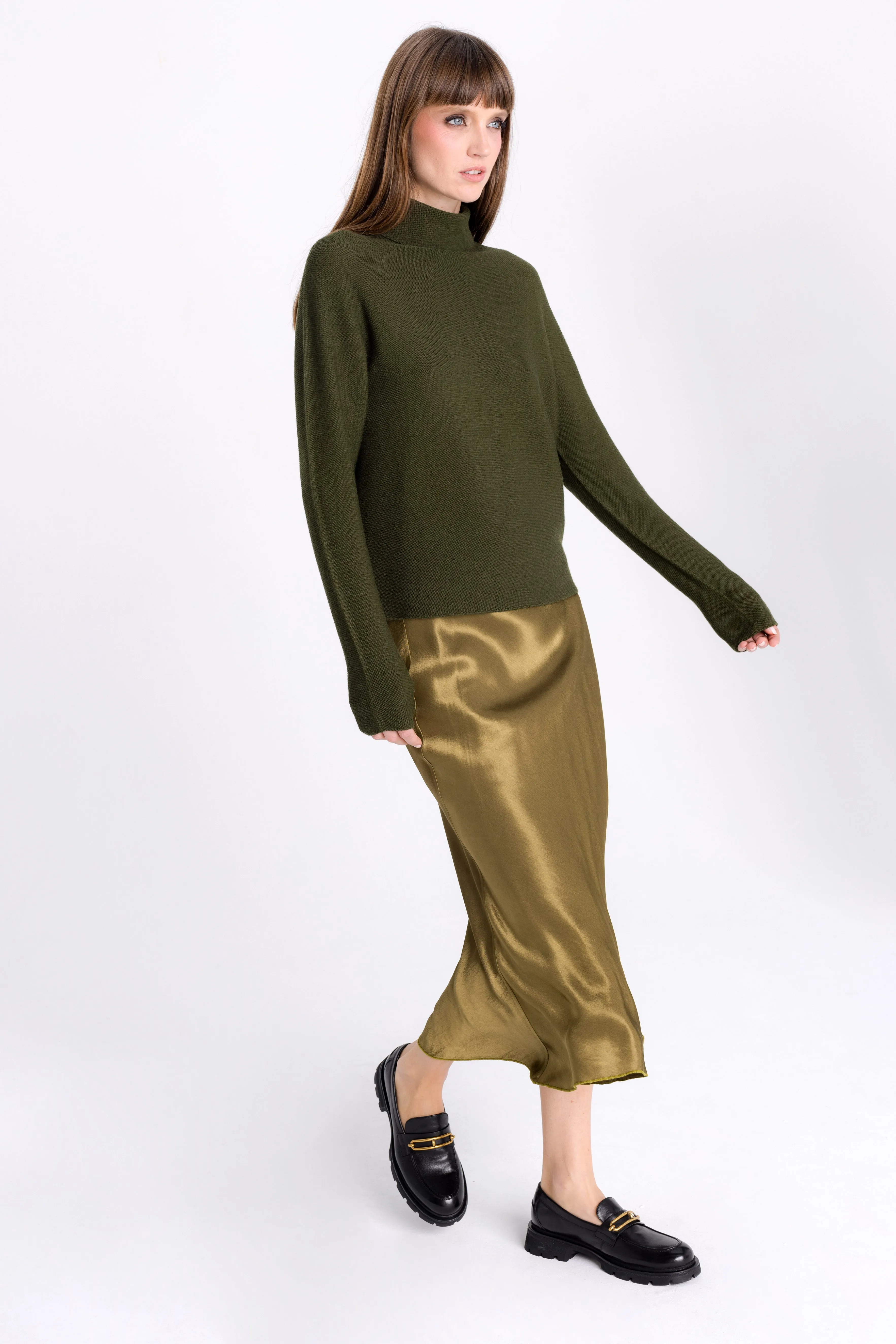 FLARED MIDI OLIVE SKIRT