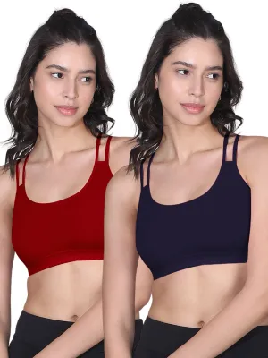 Full Coverage Maroon and Navy Blue Cotton Sports Bra with Criss Cross Back, Removable Pads, and Elasticated Underband
