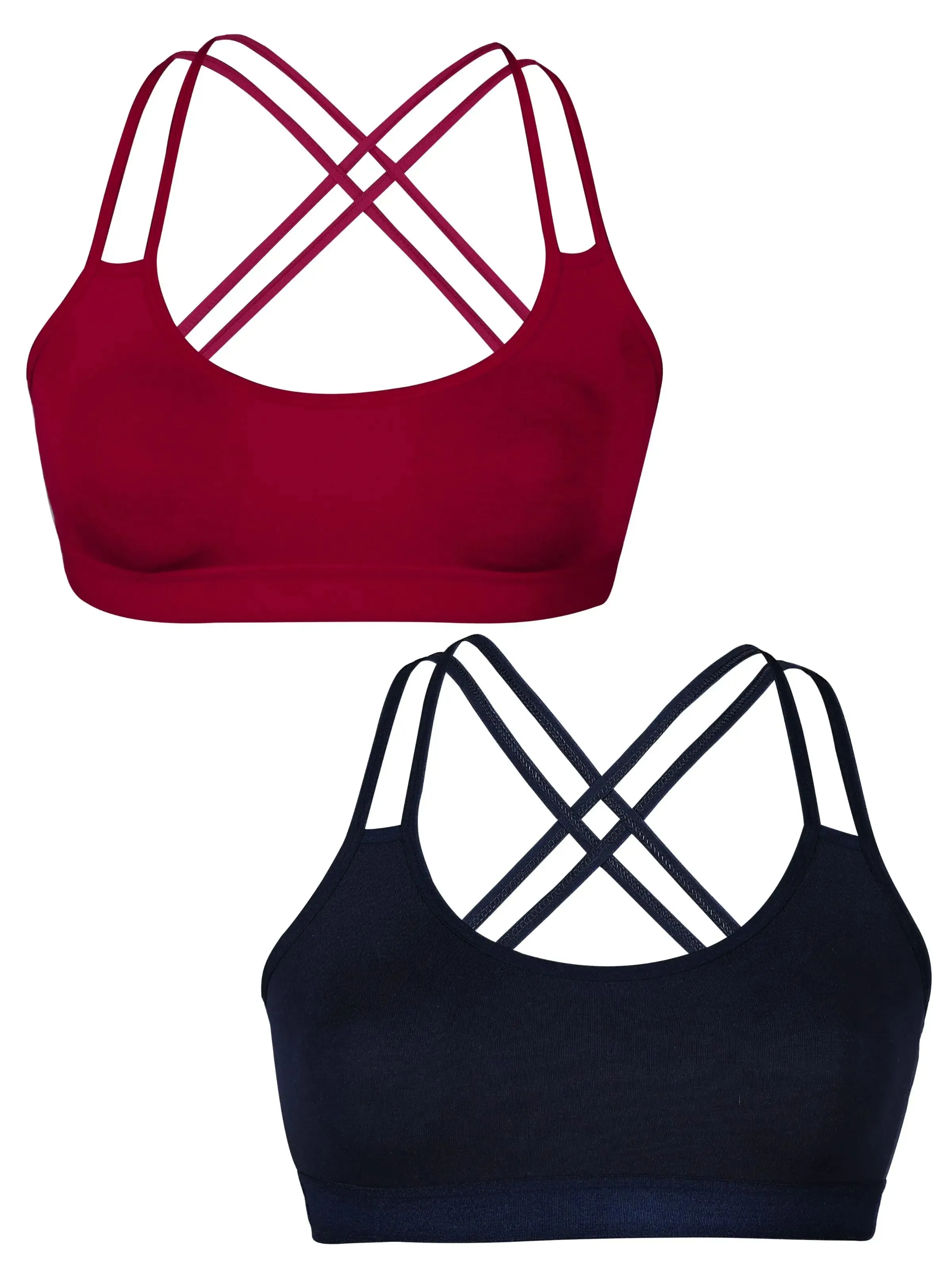 Full Coverage Maroon and Navy Blue Cotton Sports Bra with Criss Cross Back, Removable Pads, and Elasticated Underband