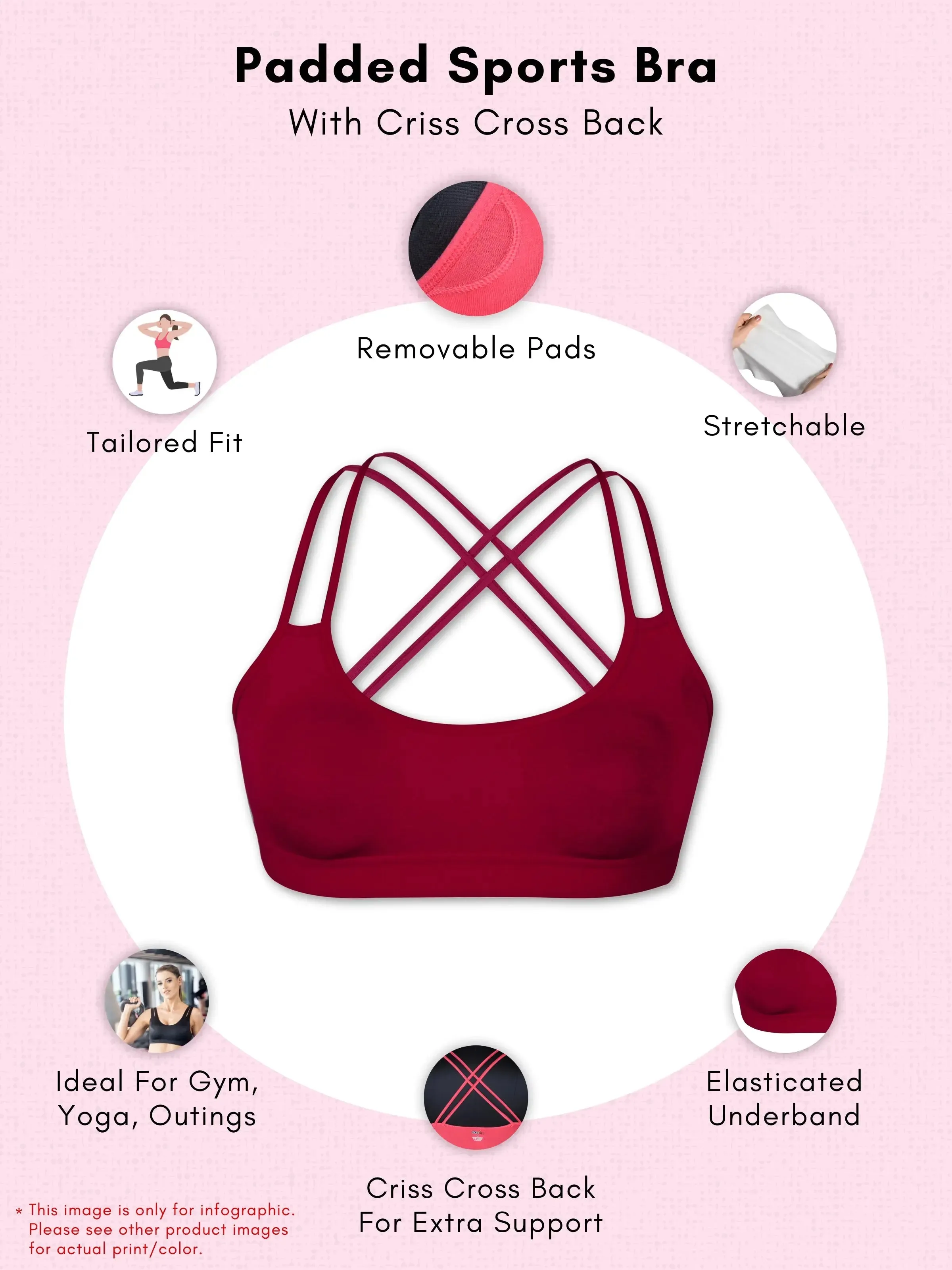 Full Coverage Maroon and Navy Blue Cotton Sports Bra with Criss Cross Back, Removable Pads, and Elasticated Underband