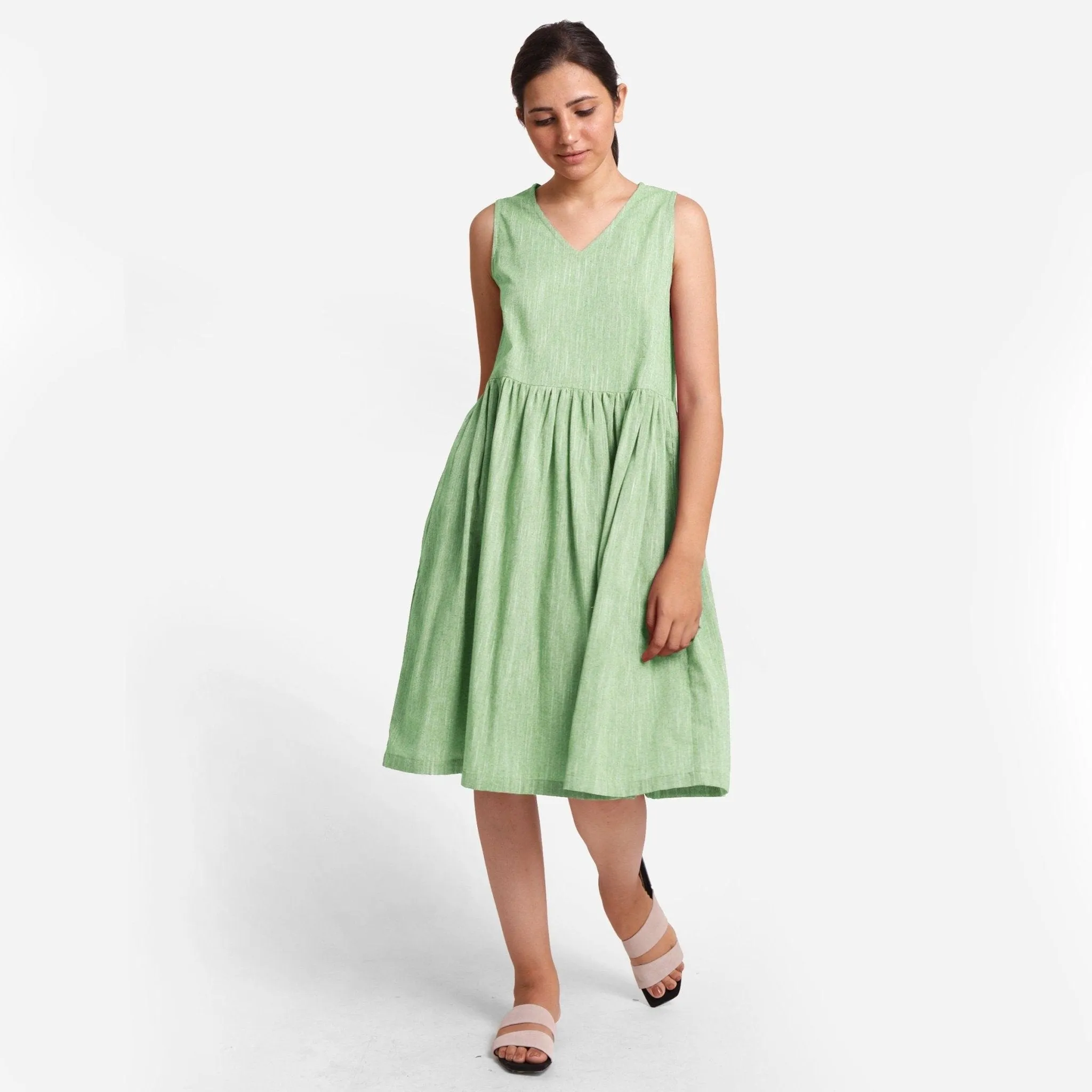 Green Yarn Dyed Cotton Sleeveless Knee Length Dress