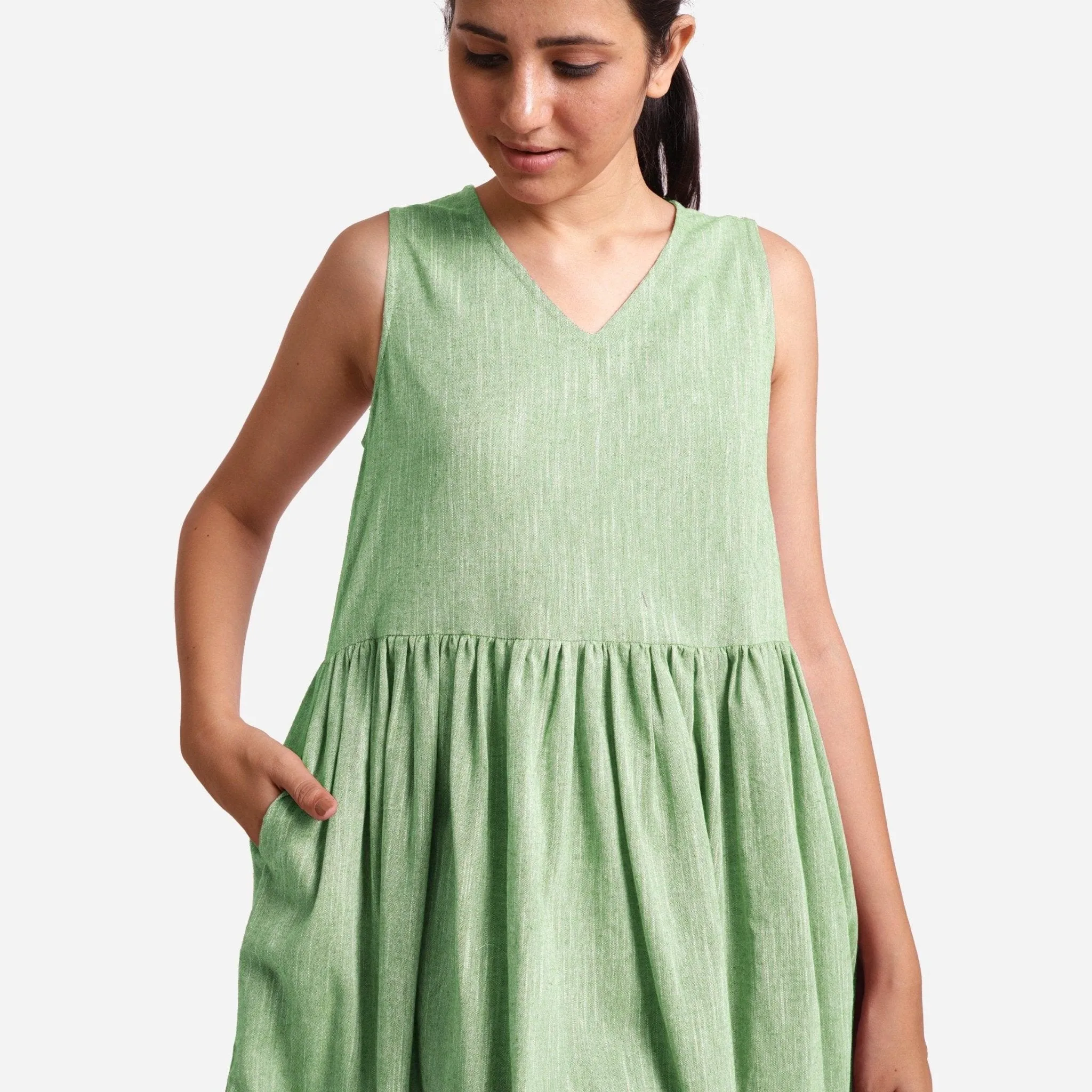 Green Yarn Dyed Cotton Sleeveless Knee Length Dress