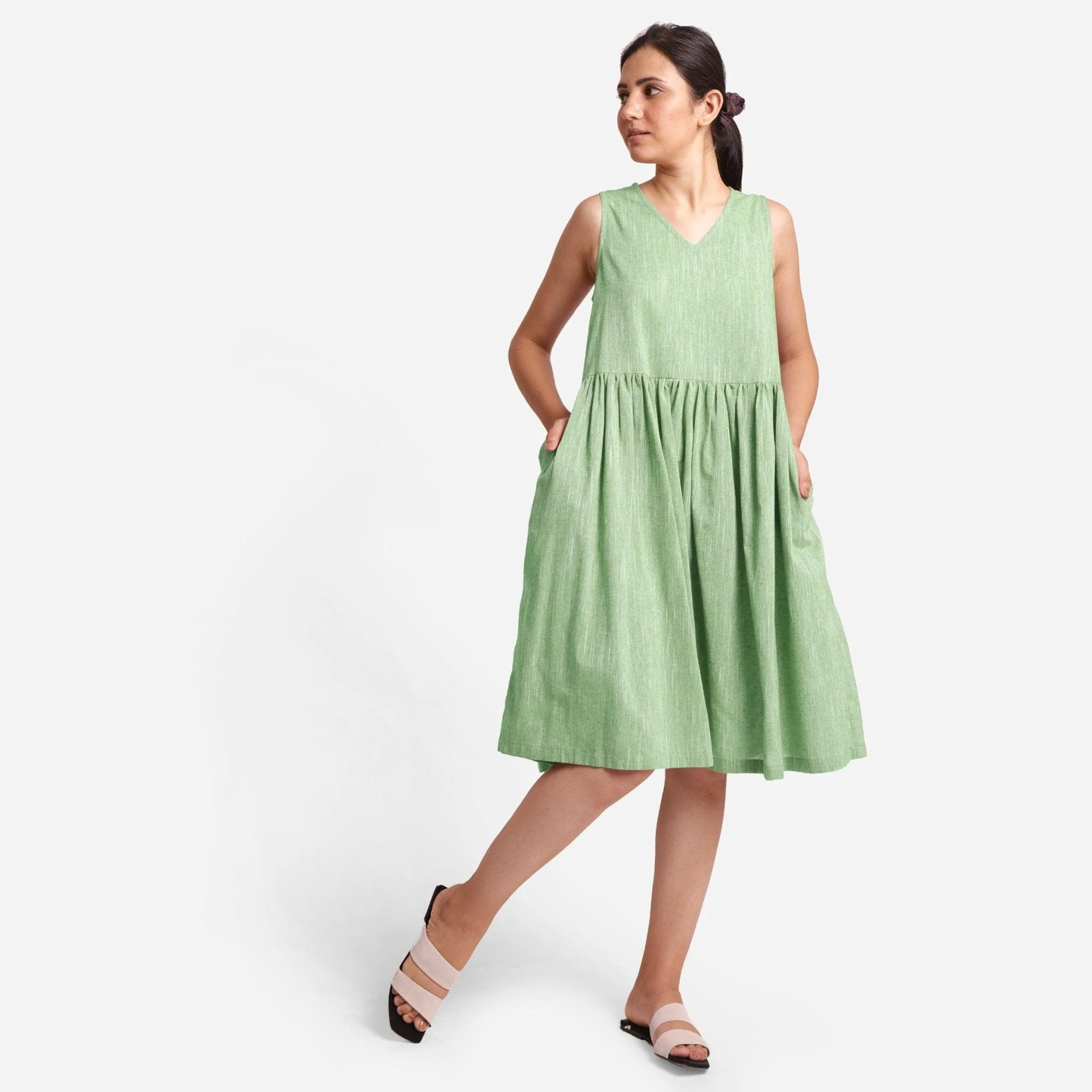 Green Yarn Dyed Cotton Sleeveless Knee Length Dress