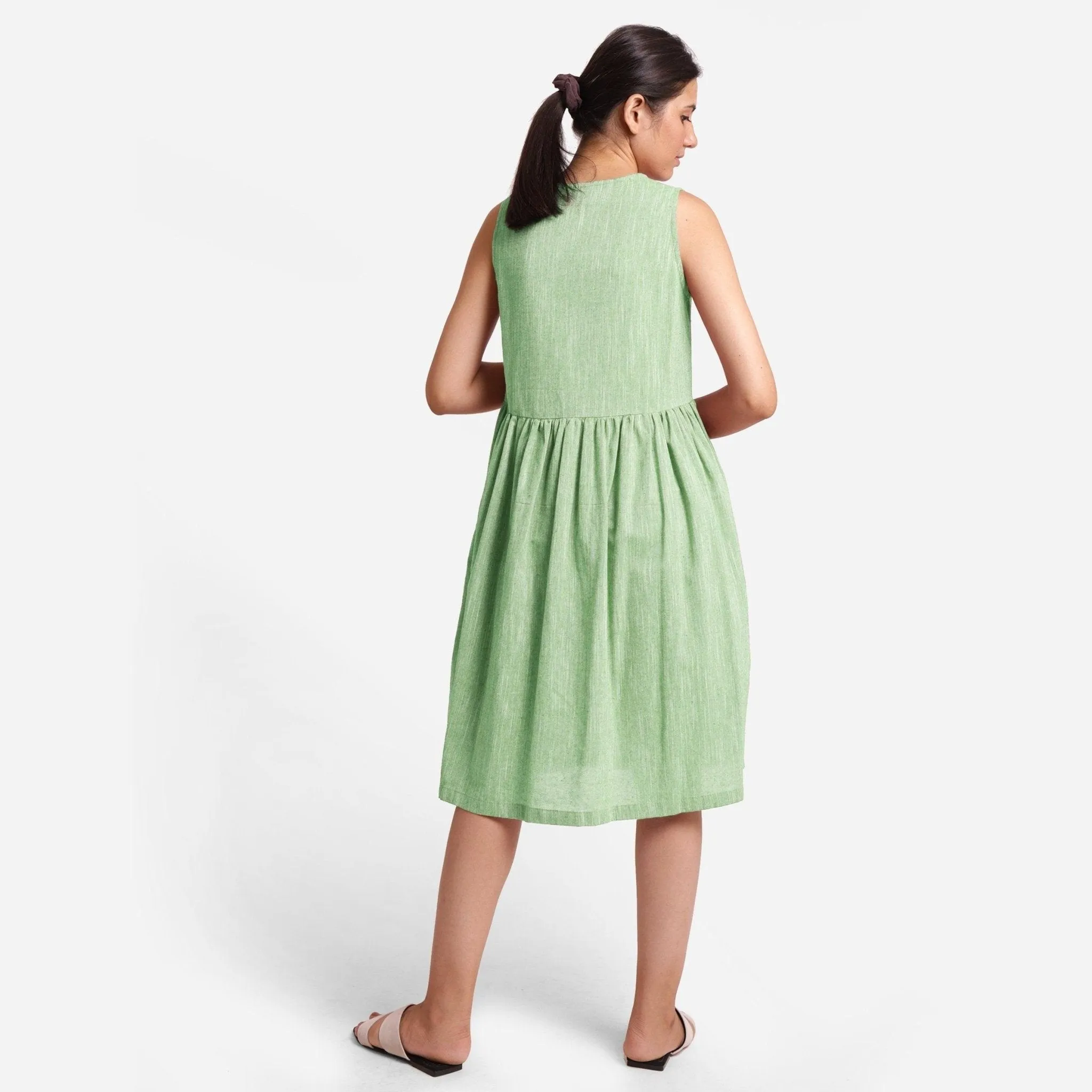Green Yarn Dyed Cotton Sleeveless Knee Length Dress
