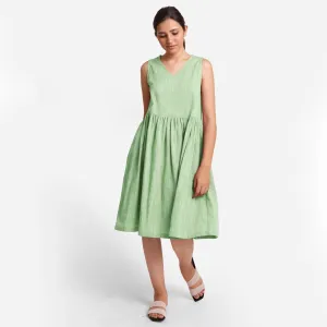 Green Yarn Dyed Cotton Sleeveless Knee Length Dress