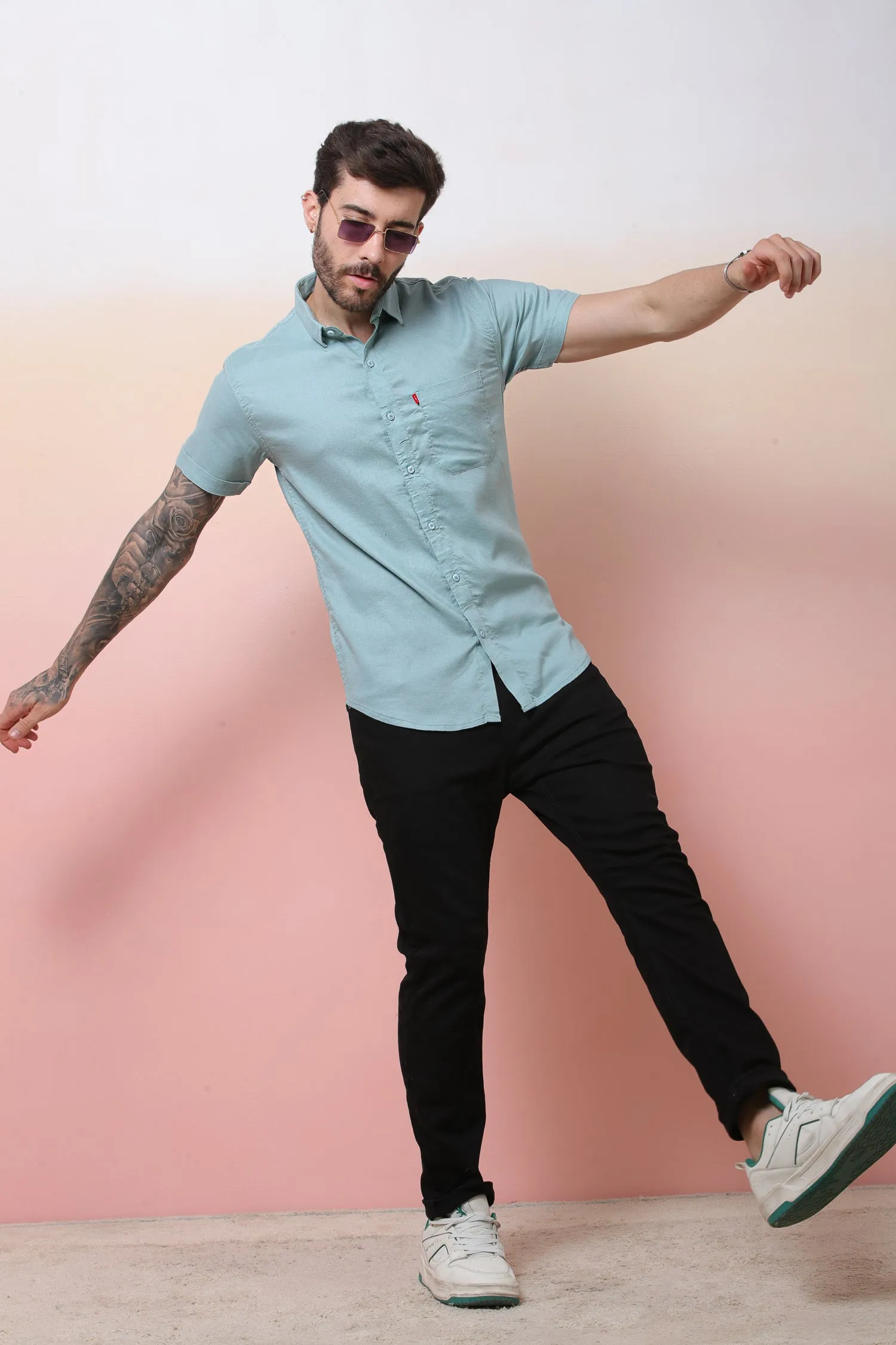 Halfsleeve SeaGreen Linen Plain Shirt