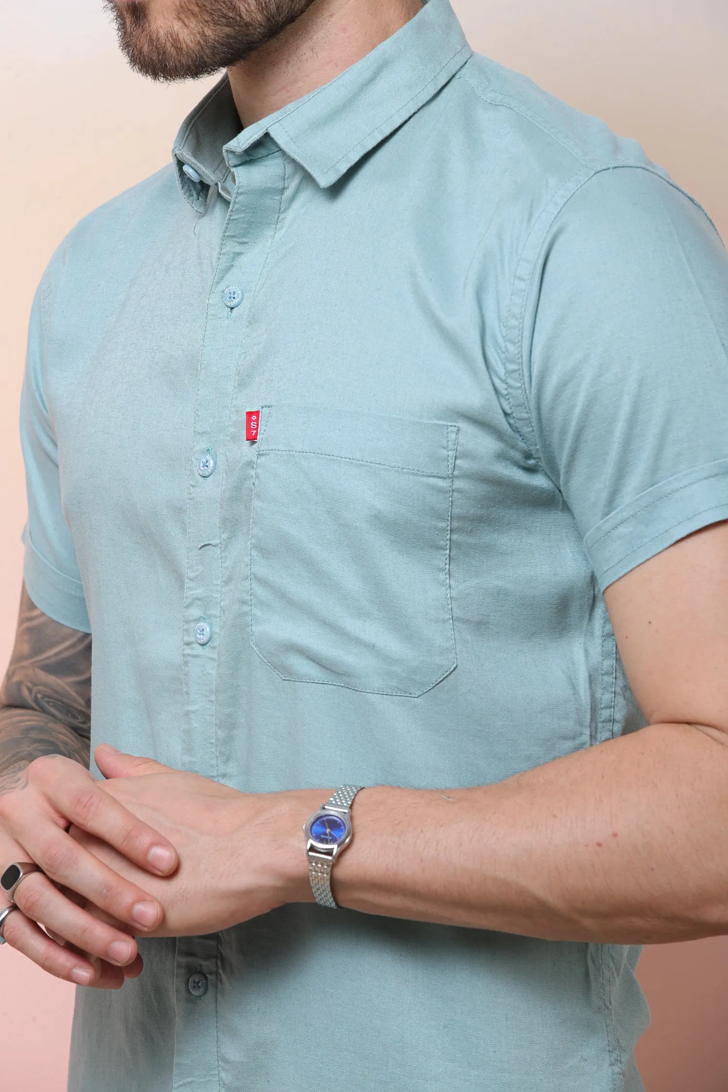 Halfsleeve SeaGreen Linen Plain Shirt