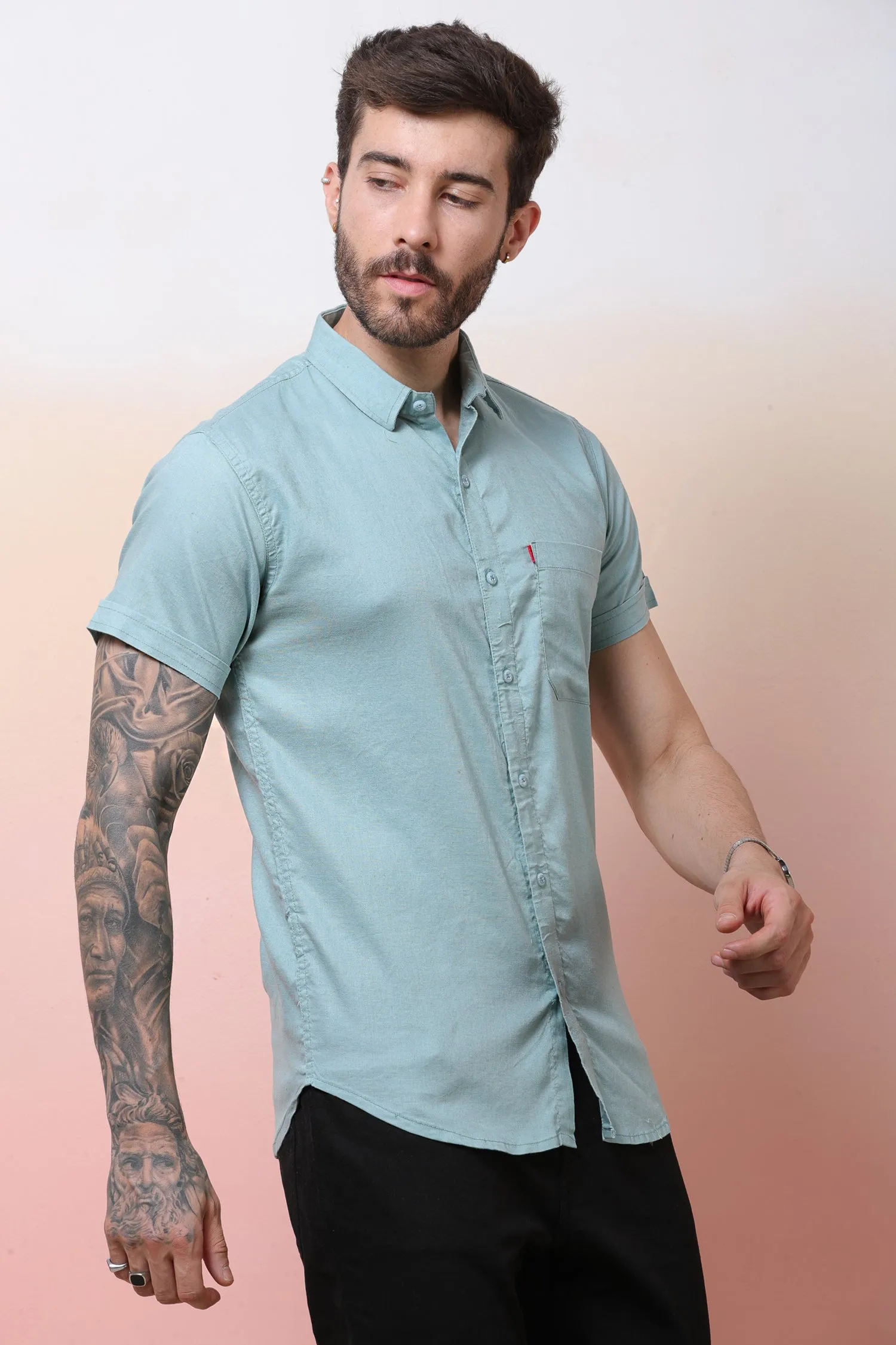 Halfsleeve SeaGreen Linen Plain Shirt