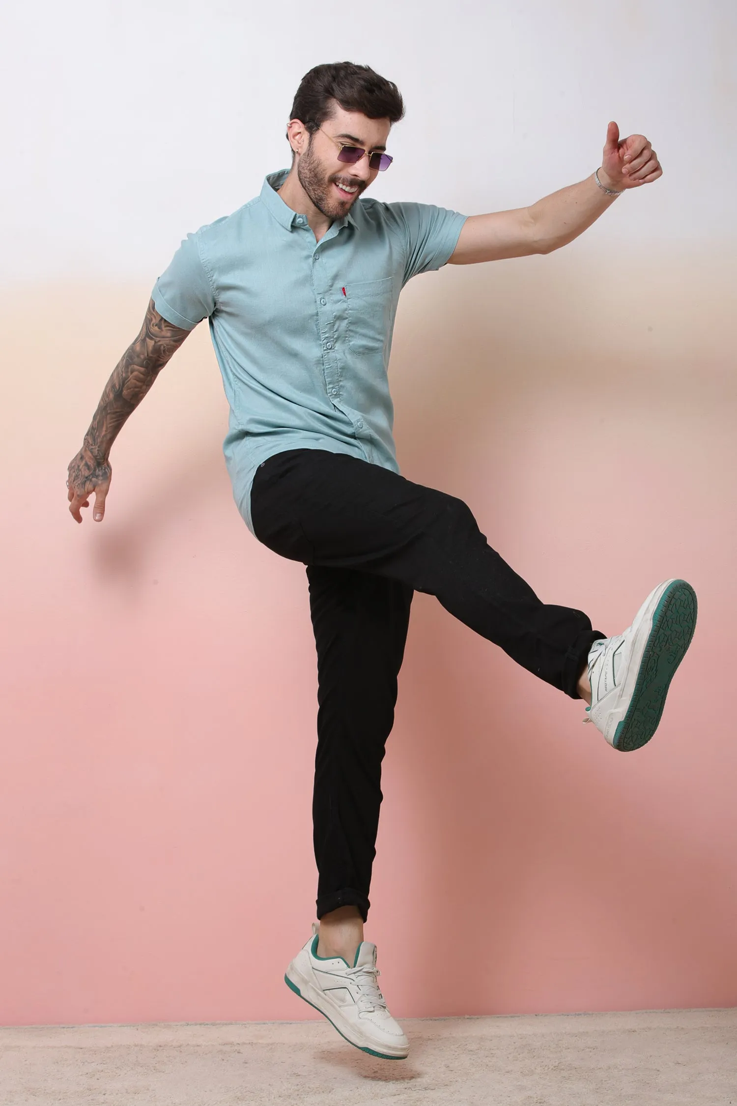 Halfsleeve SeaGreen Linen Plain Shirt