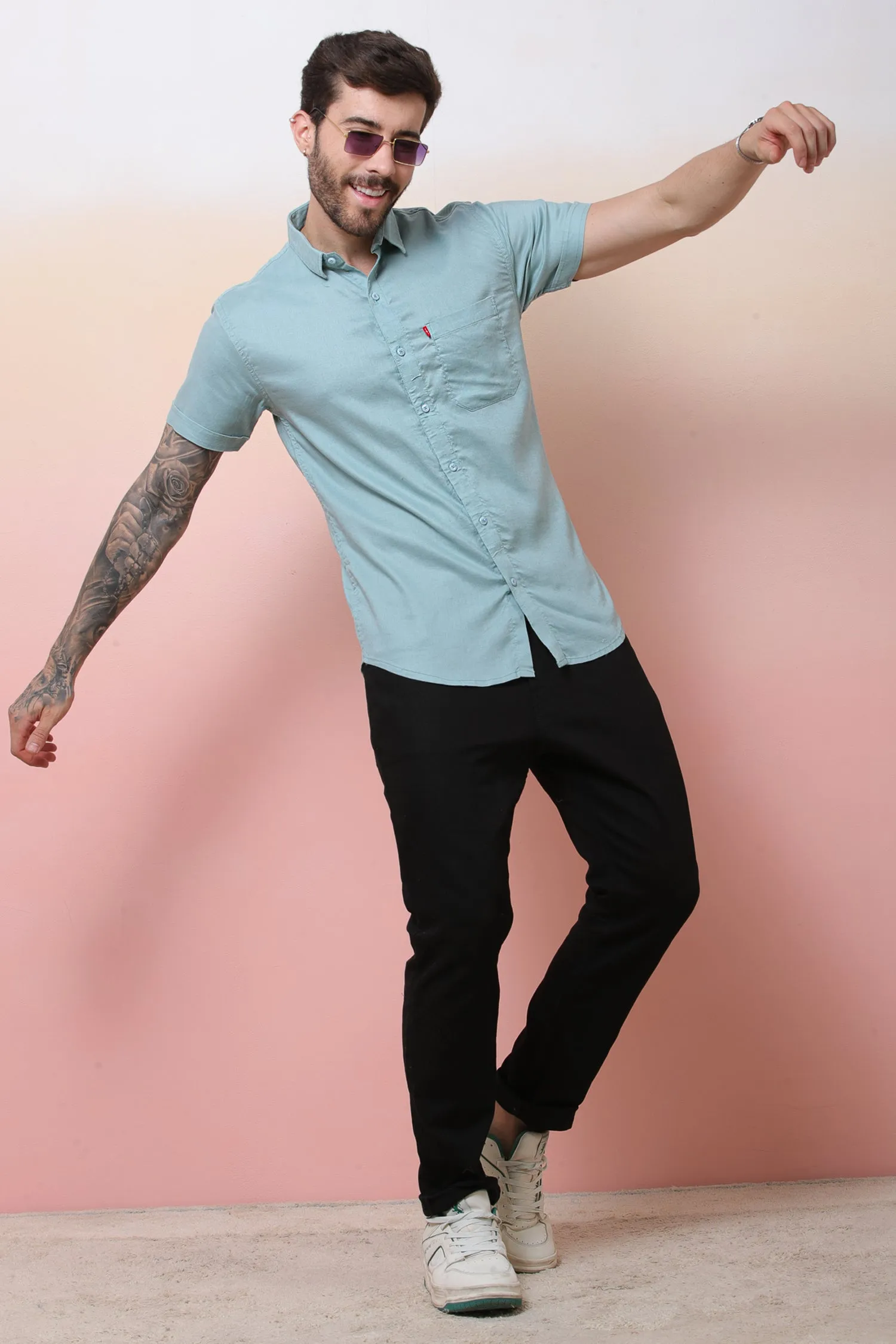 Halfsleeve SeaGreen Linen Plain Shirt