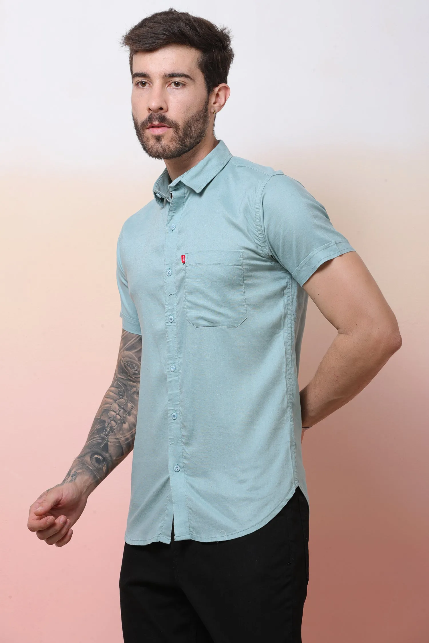 Halfsleeve SeaGreen Linen Plain Shirt