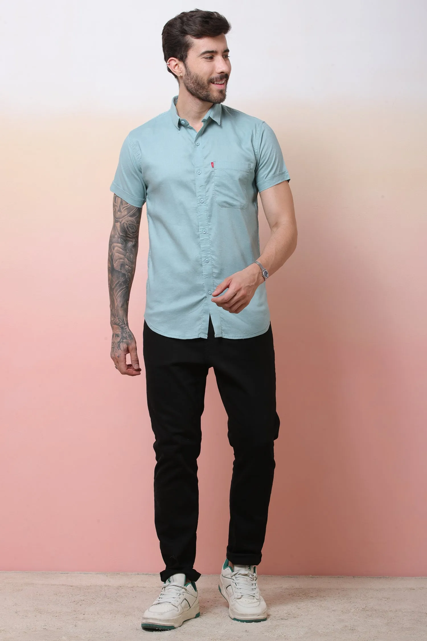 Halfsleeve SeaGreen Linen Plain Shirt
