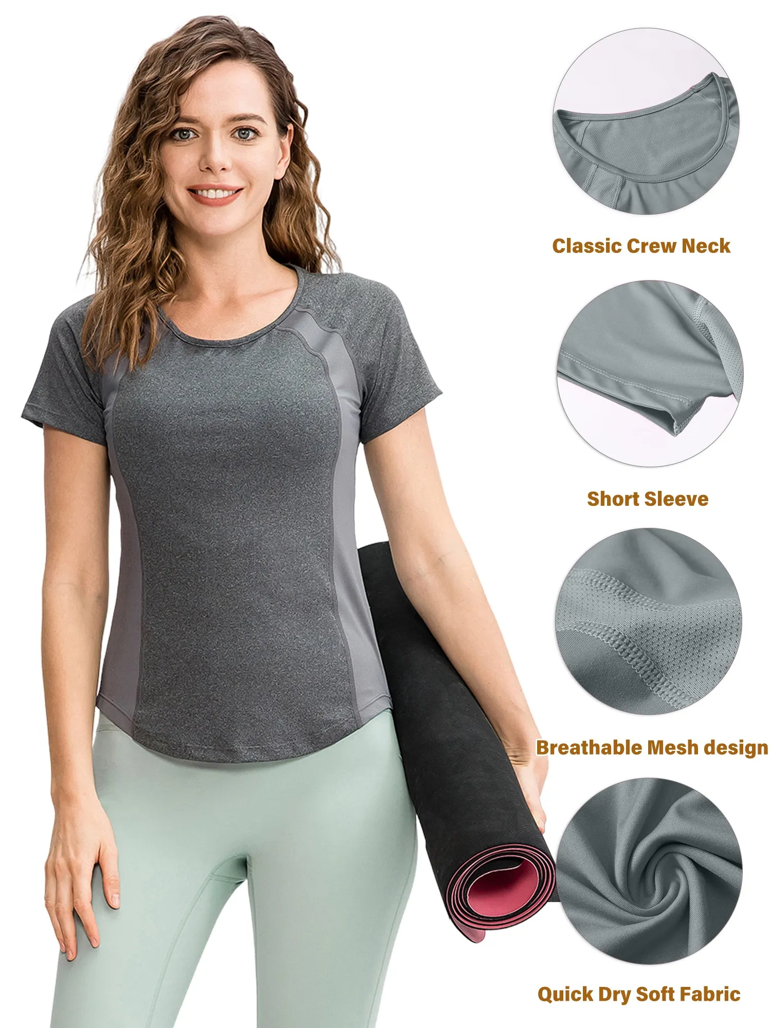 Hanerdun Womens 2PCS Workout Yoga Shirts Quick Dry Athletic Tops Short Sleeve Crew Neck Tees