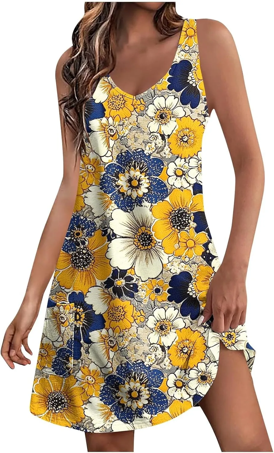hlysgo Summer Mini Dress for Women Casual Sleeveless V Neck Beach Dresses Trendy Floral Print Short Sundress with Pockets