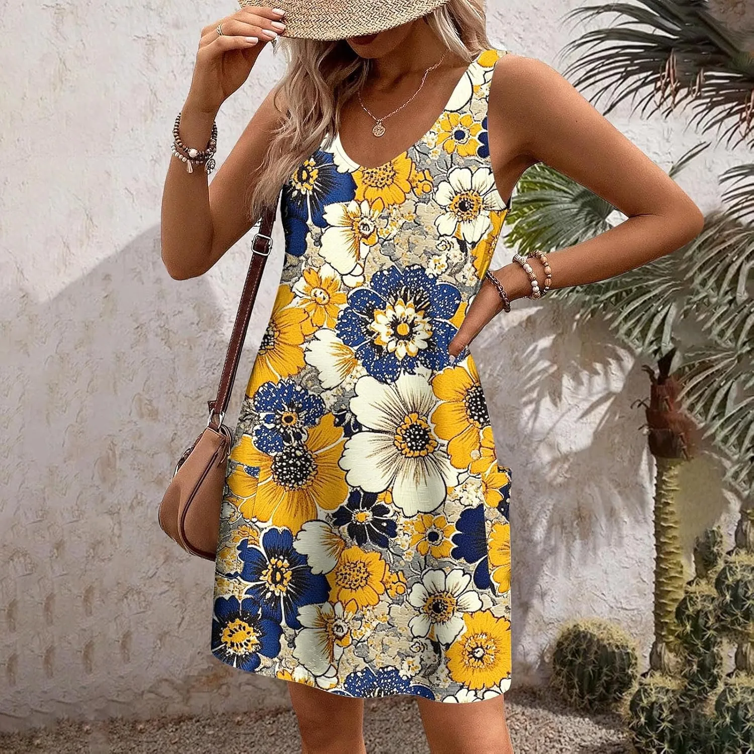 hlysgo Summer Mini Dress for Women Casual Sleeveless V Neck Beach Dresses Trendy Floral Print Short Sundress with Pockets